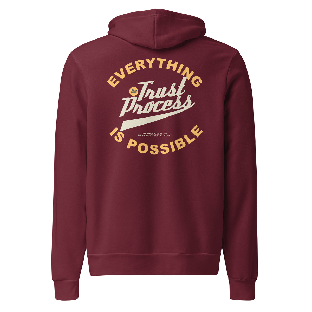 A maroon hoodie shown from the back, featuring a large graphic print in cream and gold that reads 'EVERYTHING Trust Process IS POSSIBLE' on a plain white background.