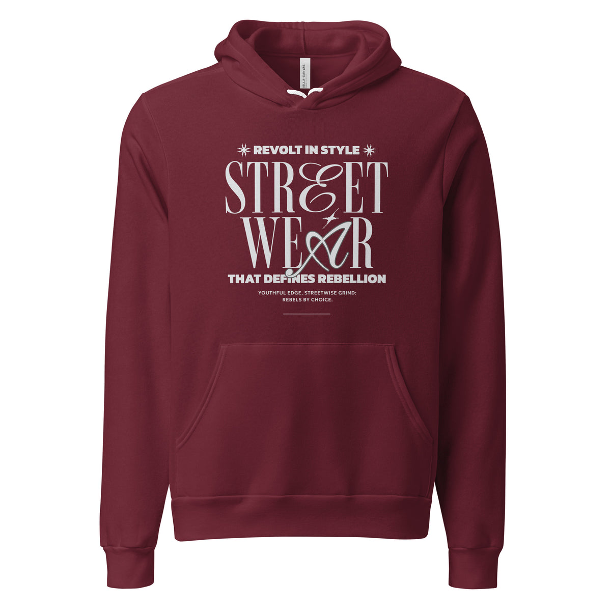 A maroon pullover hoodie with a white graphic print on the chest reading 'REVOLT IN STYLE STREET WEAR THAT DEFINES REBELLION' and 'YOUTHFUL ELIXIR, LIFETIME GEAR MADE BY REVOLT' on a plain white background.