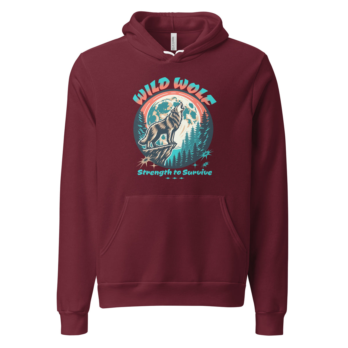 A maroon pullover hoodie with a graphic on the chest showing a wolf howling at a full moon in a forest, with the text 'WILD WOLF' and 'Strength to Survive'.