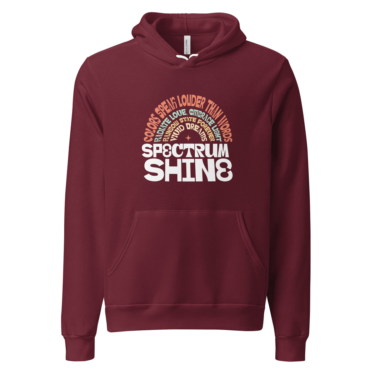 A maroon pullover hoodie with a graphic print on the chest. The graphic features the text 'SPECTRUM SHINE' in white, with 'SPECTRUM' in a semi-transparent oval overlaying white text that reads 'COOL ITSELF LOUDER THAN HIDE'.