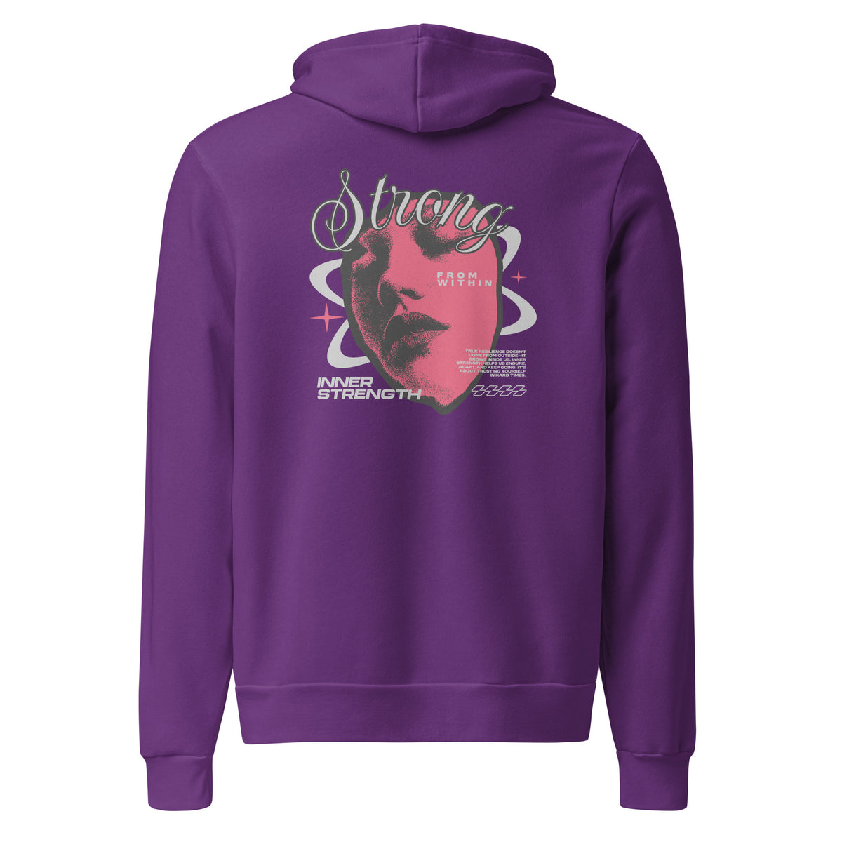 A purple pullover hoodie shown from the back, featuring a large graphic print with a pink face, white and green text, and small star accents on a plain white background.
