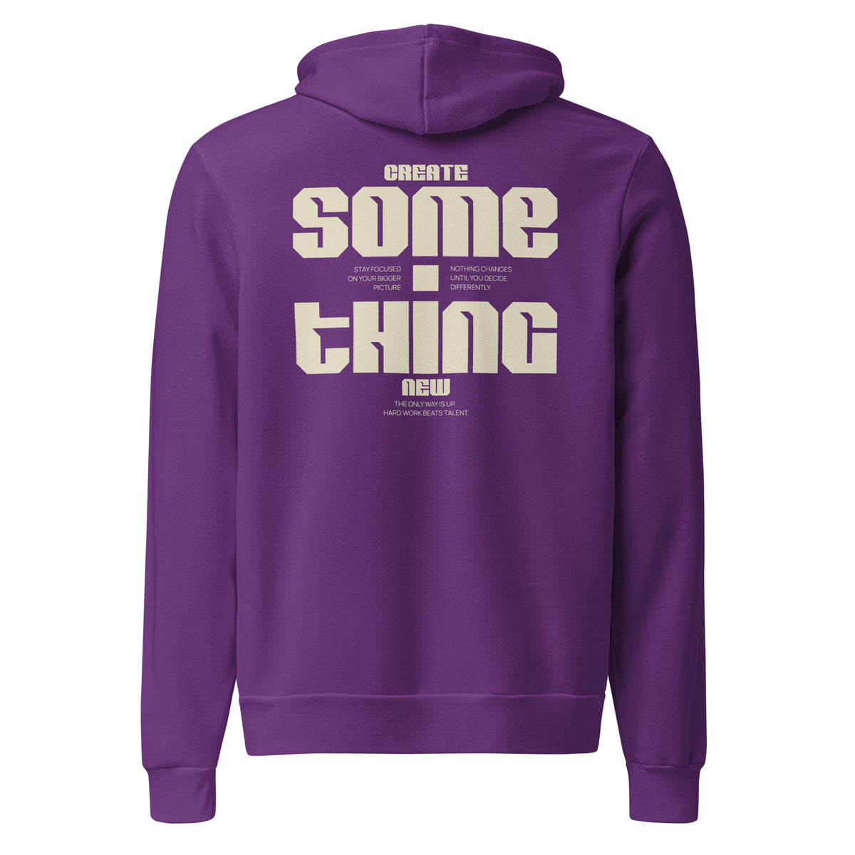 A purple pullover hoodie shown from the back, featuring a large cream-colored graphic text print that reads 'CREATE SOME THING NEW' on the back.