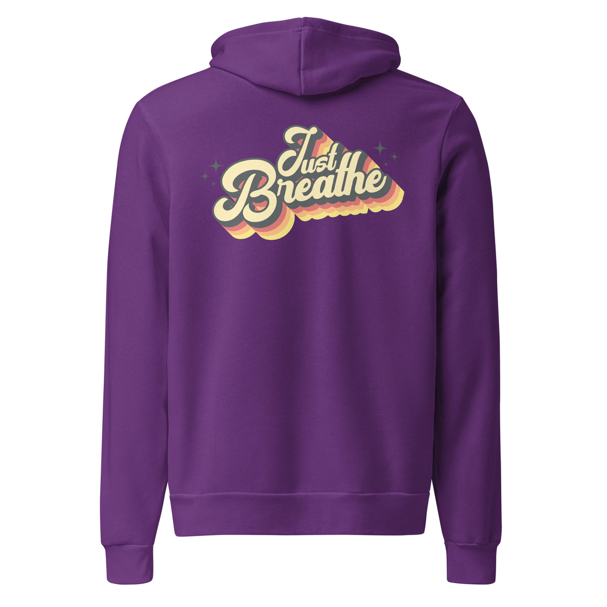 A purple pullover hoodie shown from the back, featuring a retro-style graphic that reads 'Just Breathe' in cream and yellow with orange and yellow cloud-like accents.