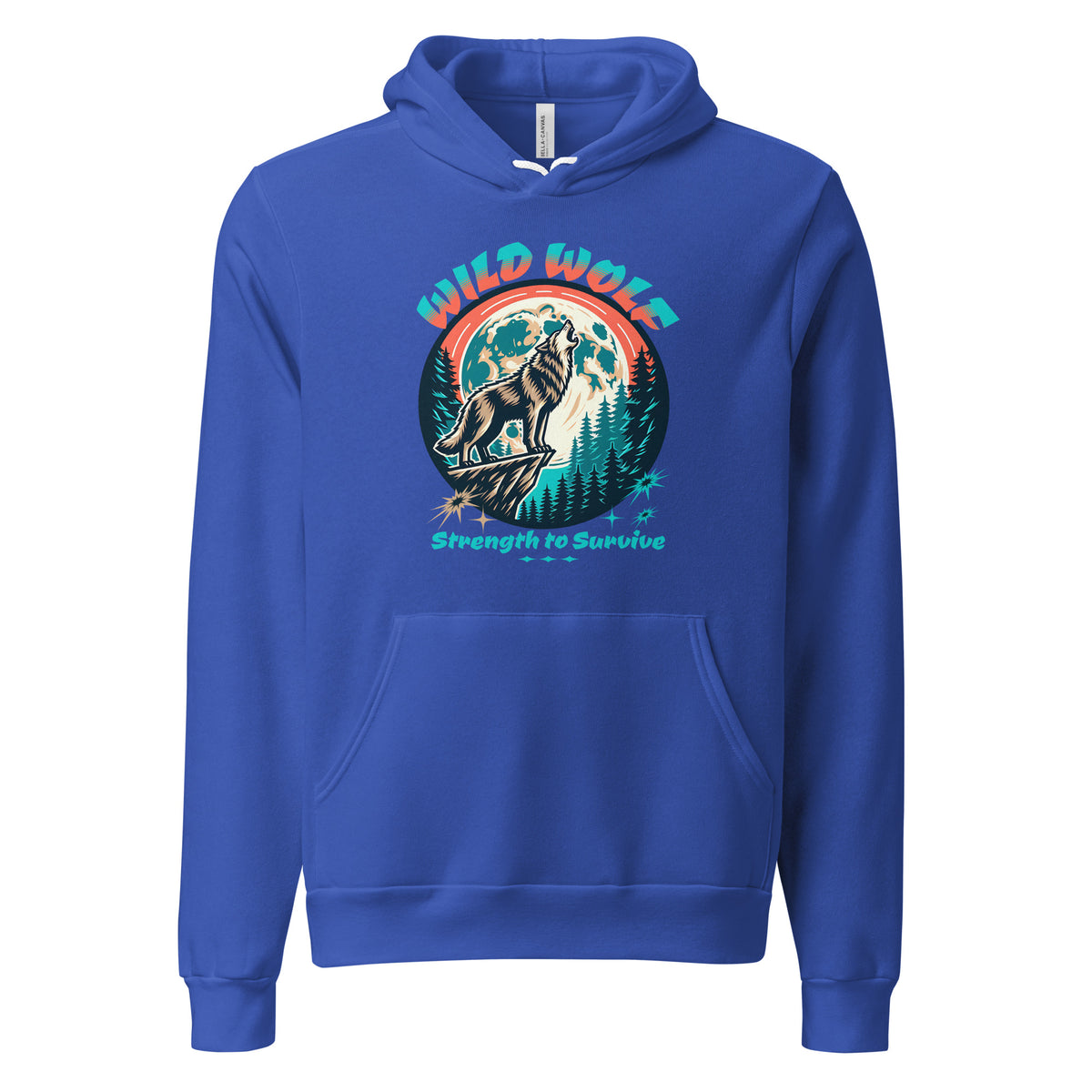 A royal blue pullover hoodie with a front kangaroo pocket and a graphic print on the chest showing a wolf howling at a full moon with the text 'WILD WOLF' and 'Strength to Survive'.