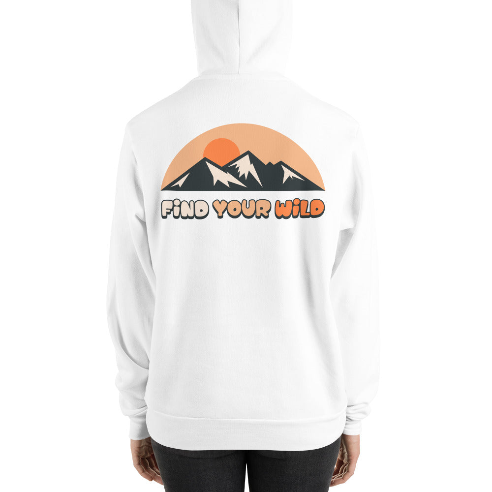A white pullover hoodie shown from the back, featuring a retro-style mountain and sunset graphic with the text 'FIND YOUR WILD' in orange and black. The hoodie is modeled on a person against a plain white background.