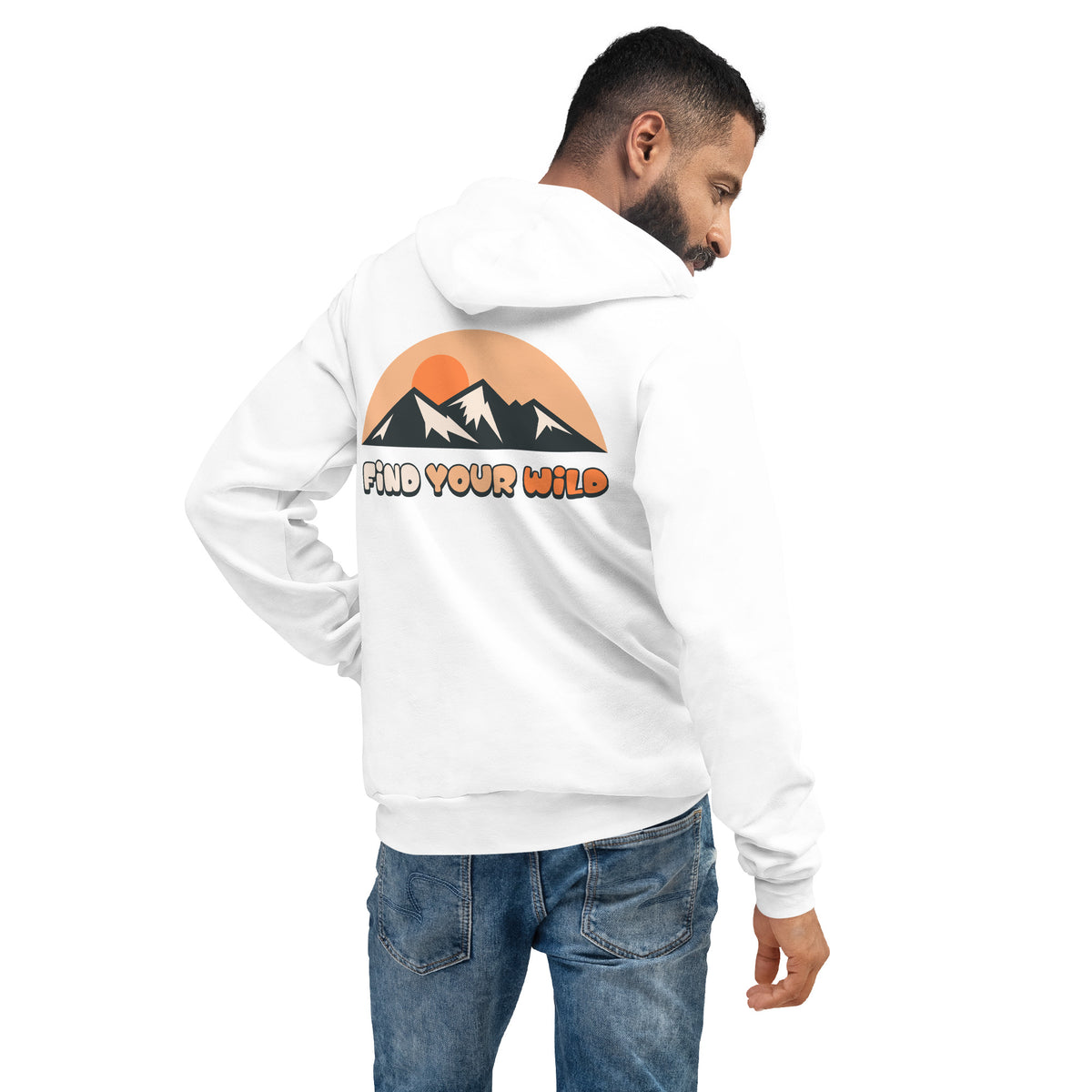 A man wearing a white hoodie from the back, featuring a graphic of a mountain range under an orange sun with the text 'FIND YOUR WILD' in orange and black. He is also wearing blue jeans against a plain white background.