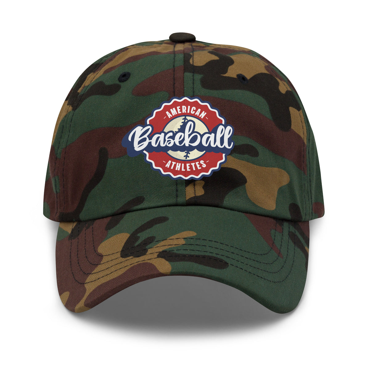 A classic six-panel baseball cap in a green, brown, and tan camouflage pattern, featuring a circular embroidered front patch that reads 'American Baseball Athletes' in white and blue.