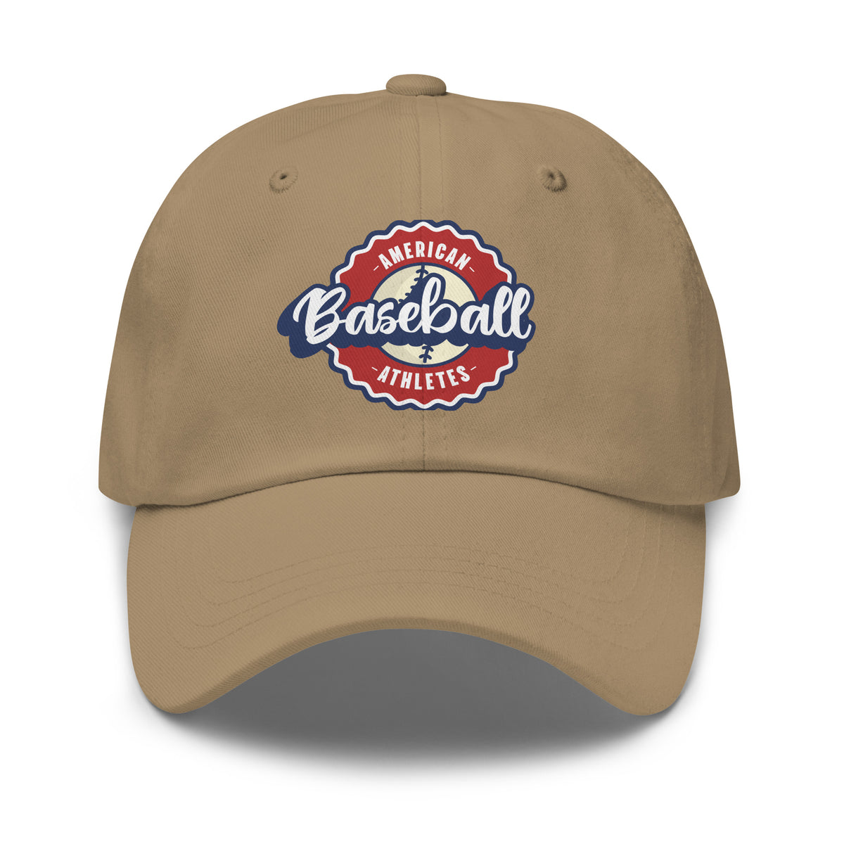 A tan baseball cap featuring a circular 'American Baseball Athletes' logo patch on the front, set against a plain white background.