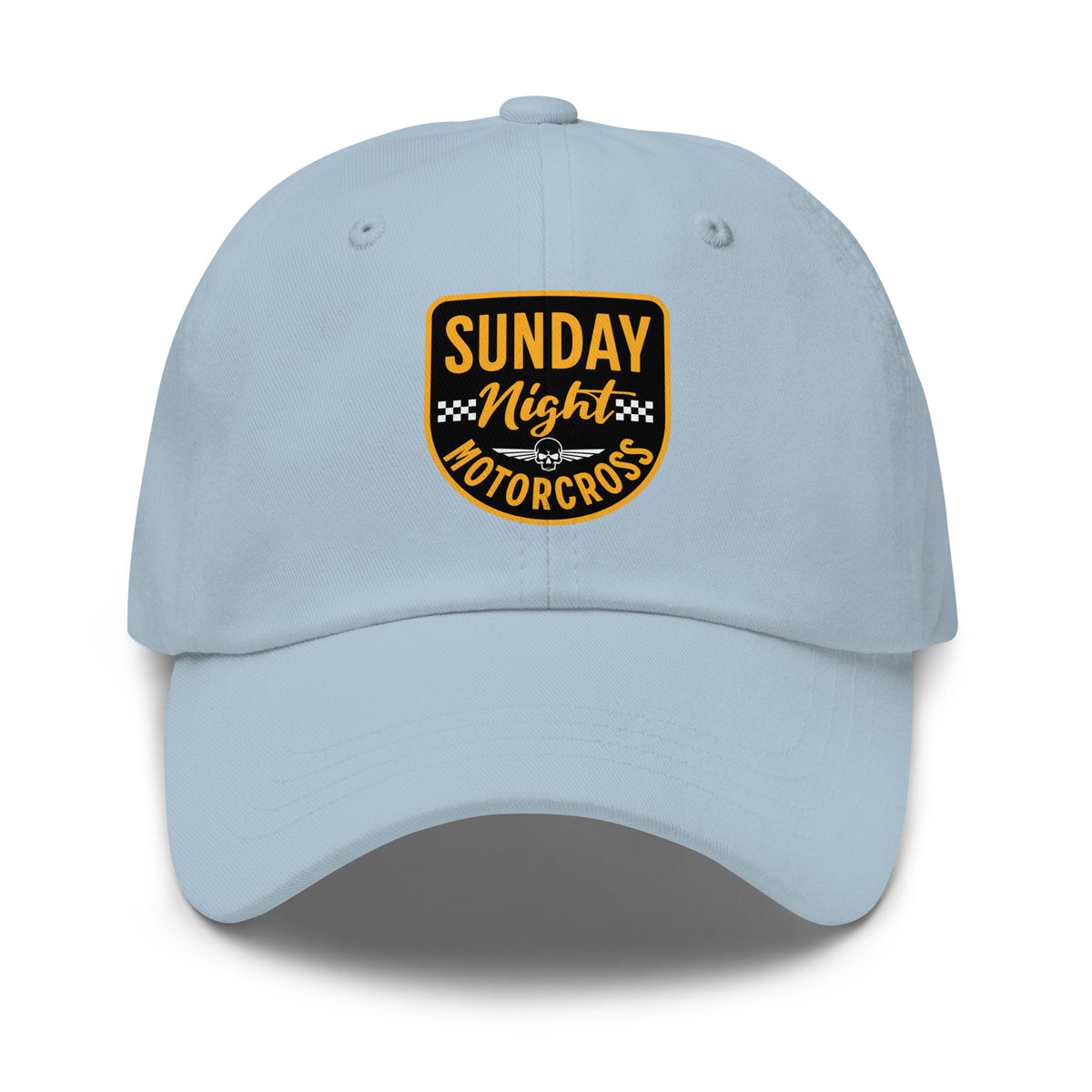 Purchase Everyday Dad Cap with Sunday Night Motocross Theme, combining relaxed comfort, adjustable fit, and race-night style for every day.
