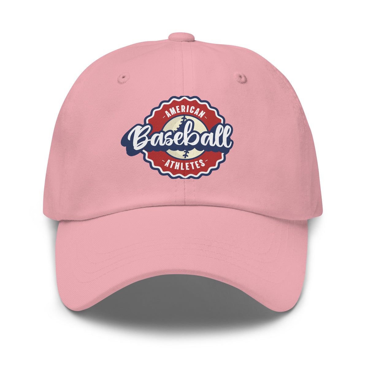A pink baseball cap featuring a circular 'American Baseball Athletes' logo patch on the front, set against a plain white background.
