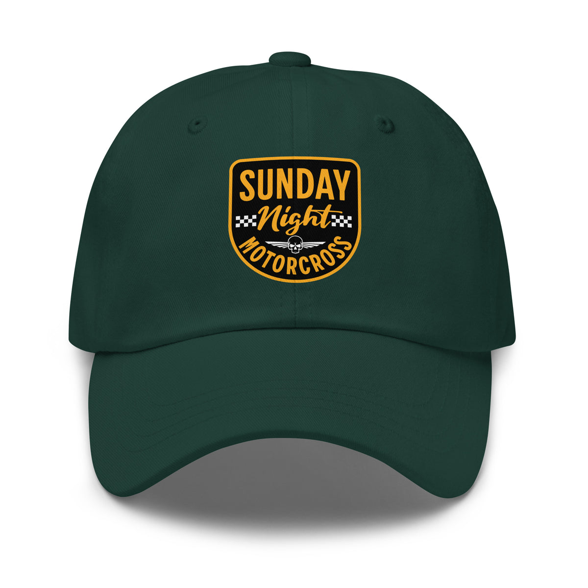 Stylish Vintage Sunday Night Motocross Dad Cap Look—a timeless cap design for fans of vintage racing and casual style.