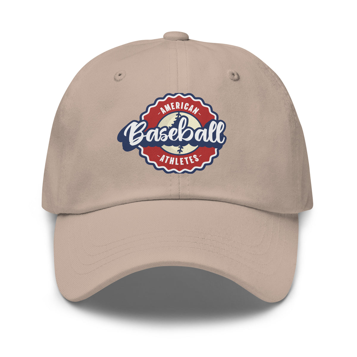 A beige baseball cap featuring a circular 'American Baseball Athletes' logo patch on the front, set against a plain white background.