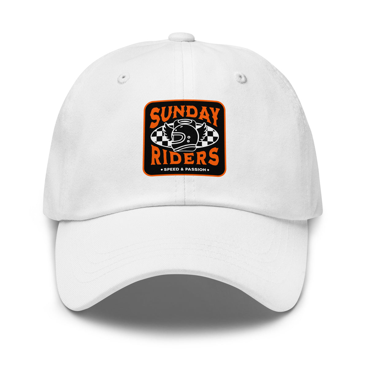 A white baseball cap featuring a square orange, black, and white graphic on the front that reads 'SUNDAY RIDERS' with a helmet and checkered pattern, shown on a plain white background.