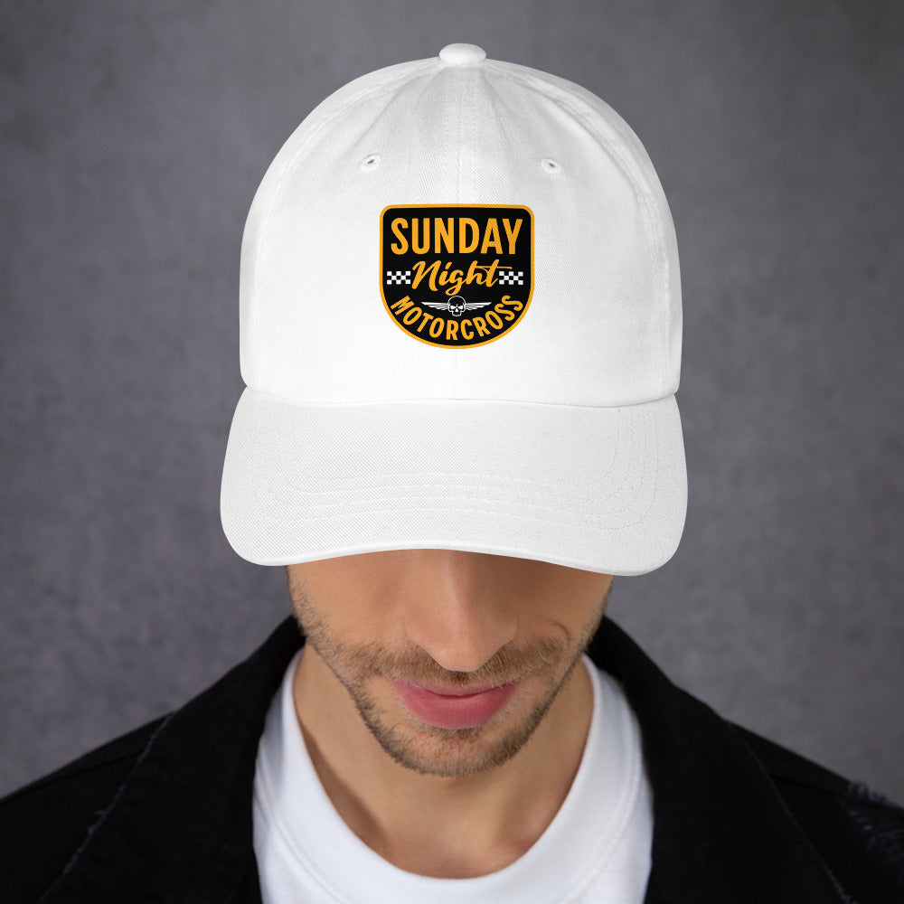 Shop Sunday Night Motocross Classic Dad Cap Design for laid-back comfort, retro motocross appeal, and everyday wear.