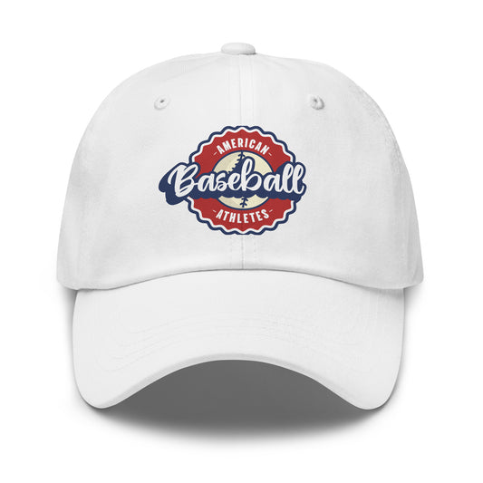 A white baseball cap featuring a circular red, white, and blue 'American Baseball Athletes' logo on the front, set against a plain white background.