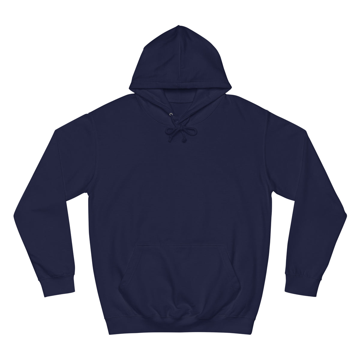 A navy blue pullover hoodie with a drawstring hood and a front kangaroo pocket, shown flat against a solid white background. Make every outfit stand out in the Mystical Eye and Red Thorn Wreath College Hoodie, blending striking design with laid-back comfort.