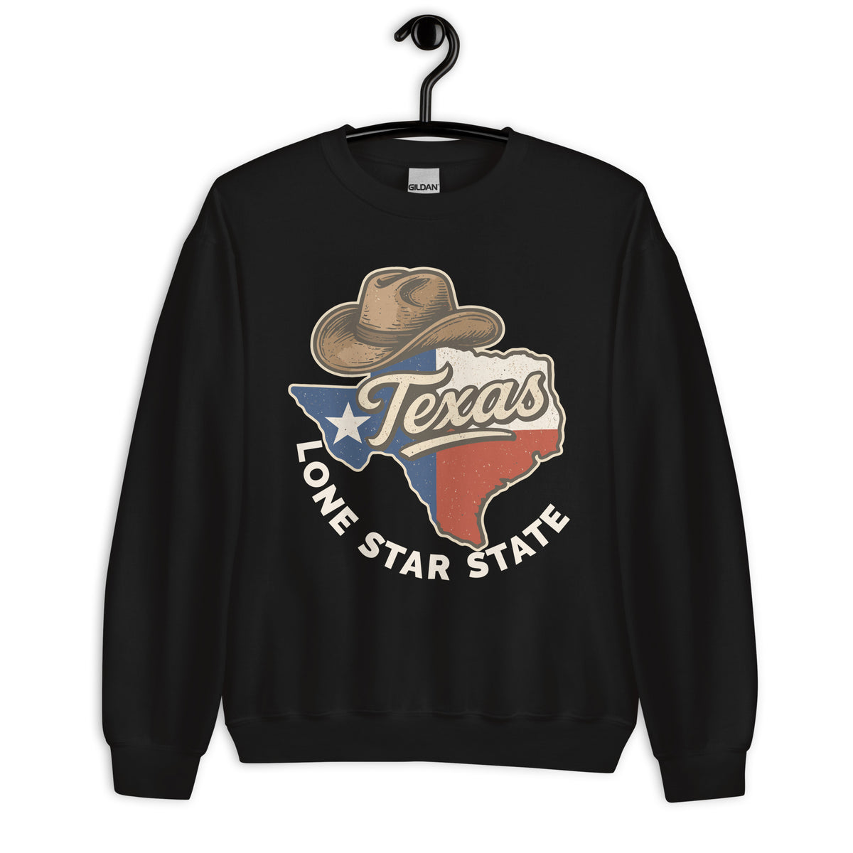 A black crewneck sweatshirt hanging on a black hanger against a white background, featuring a distressed graphic of the state of Texas with a cowboy hat and the words 'Texas' and 'LONE STAR STATE'.