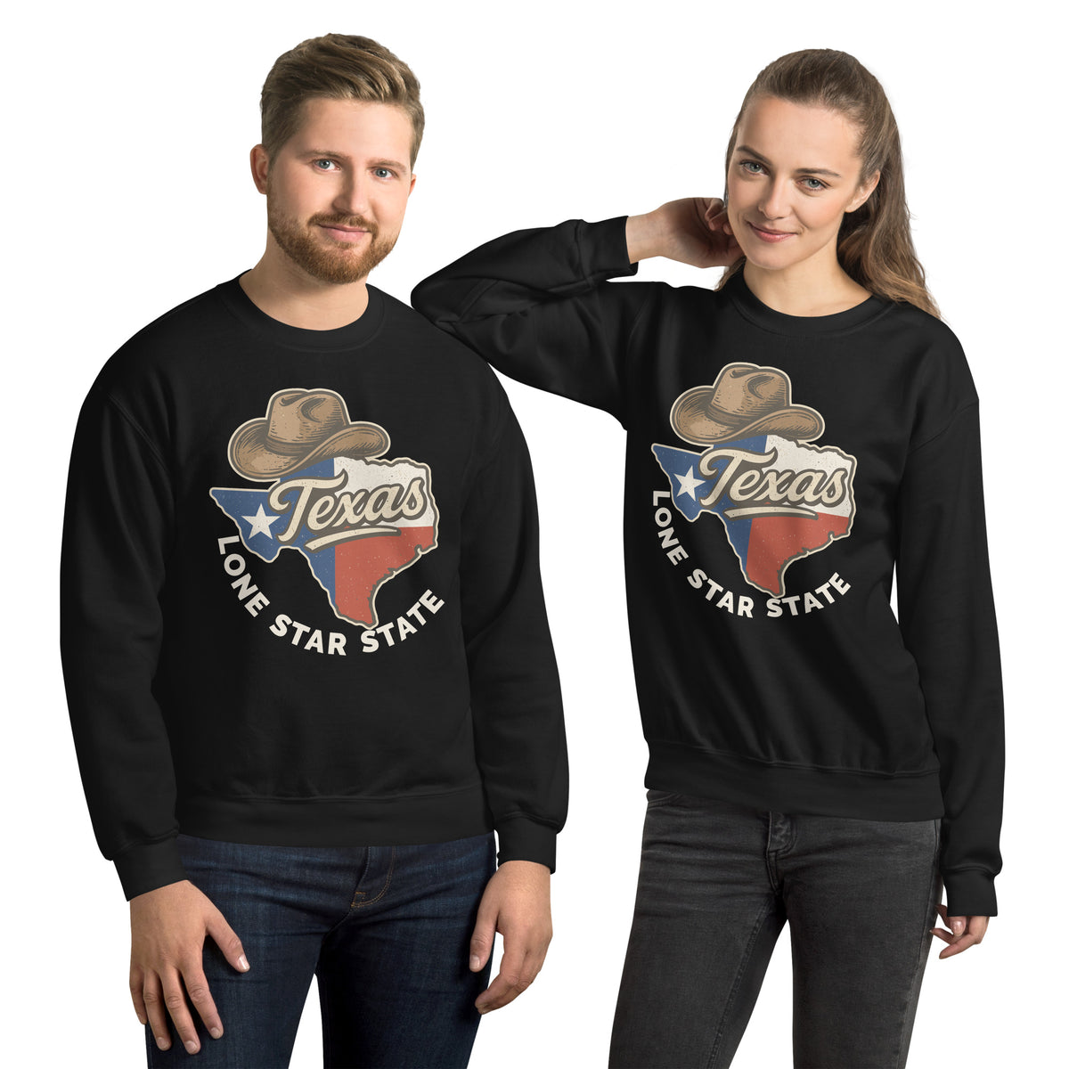 A man and a woman modeling matching black crewneck sweatshirts with a 'Texas Love Star State' graphic on the chest, set against a plain white background.