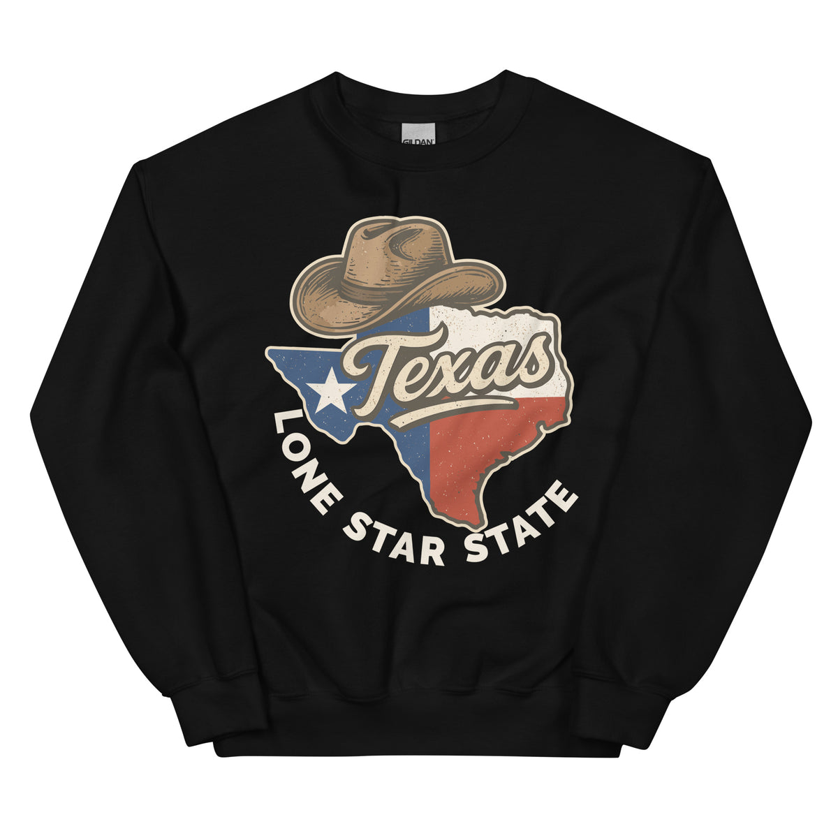 A black crewneck sweatshirt featuring a distressed graphic of the state of Texas with a cowboy hat and the words 'Texas' and 'LONE STAR STATE' in white.