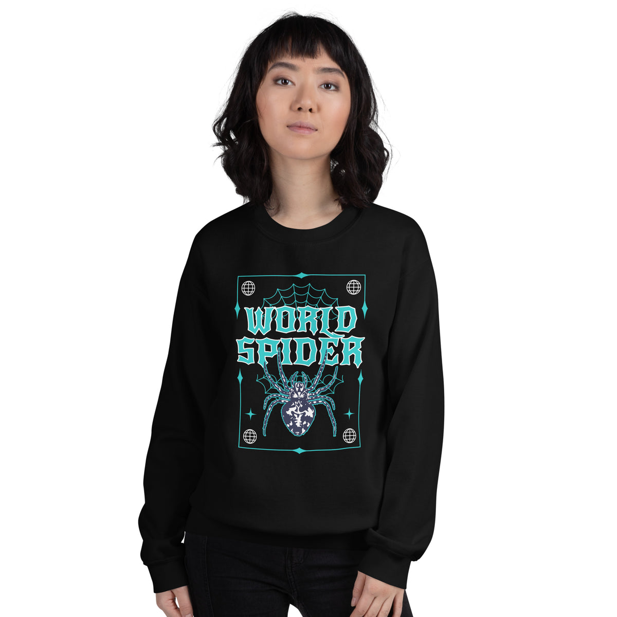 Order the Bold World Spider Y2K Streetwear Crewneck Sweatshirt Design, made for standout everyday looks with retro streetwear flair.