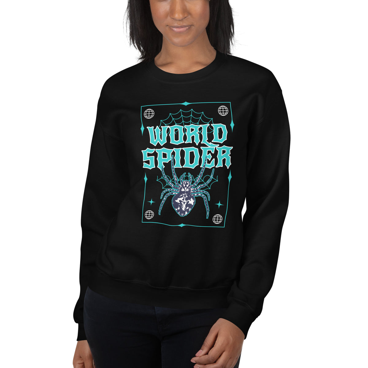 Shop Best Bold World Spider Y2K Streetwear Crewneck Sweatshirt Design for a bold graphic layer that brings Y2K energy to casual outfits.
