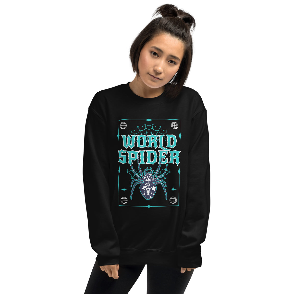 Stylish Bold World Spider Y2K Streetwear Crewneck Sweatshirt Design, a bold graphic piece made for trend-forward streetwear fans.