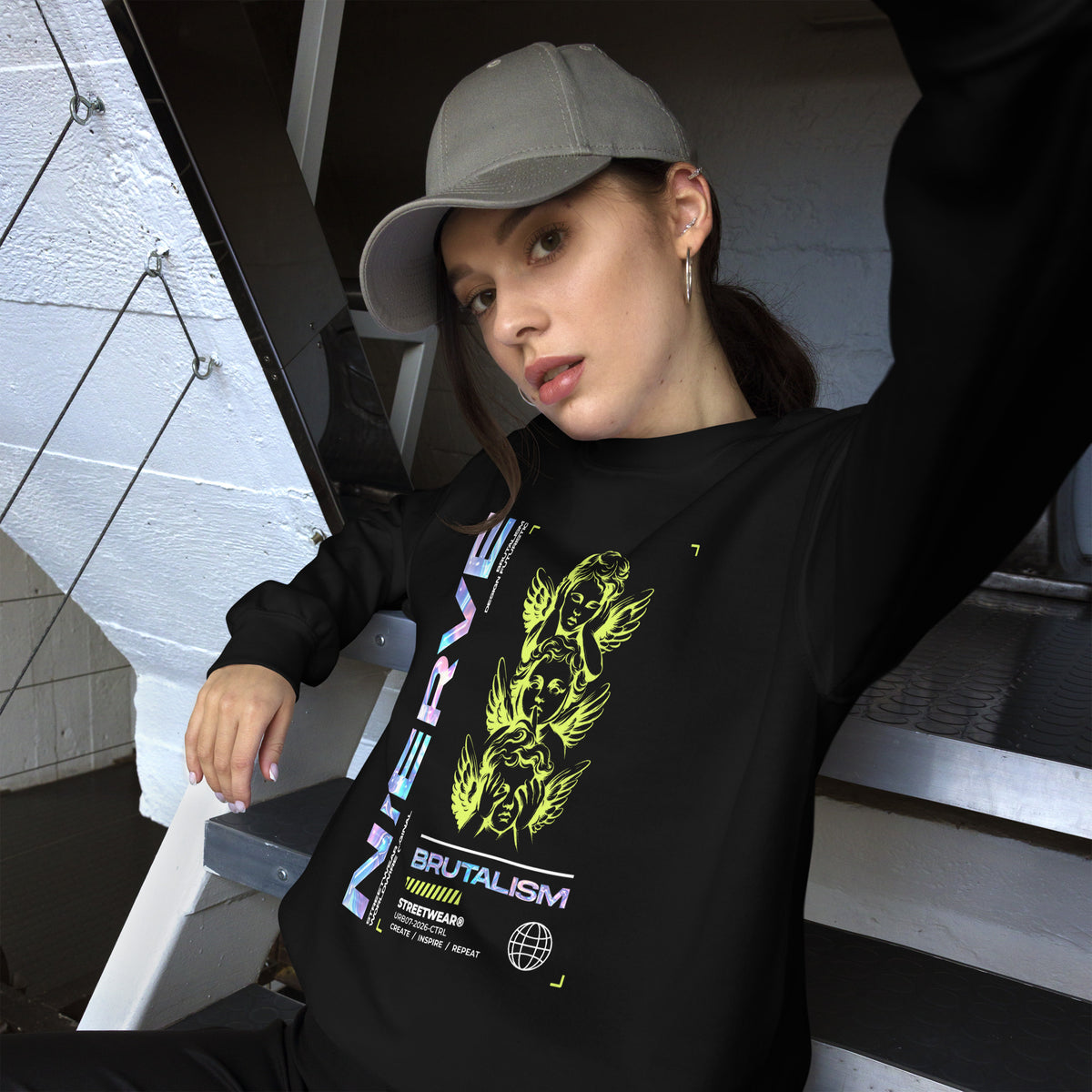 Make a statement in the Bold Brutalism Y2K Streetwear Crewneck Sweatshirt with striking design, relaxed comfort, and bold edge.