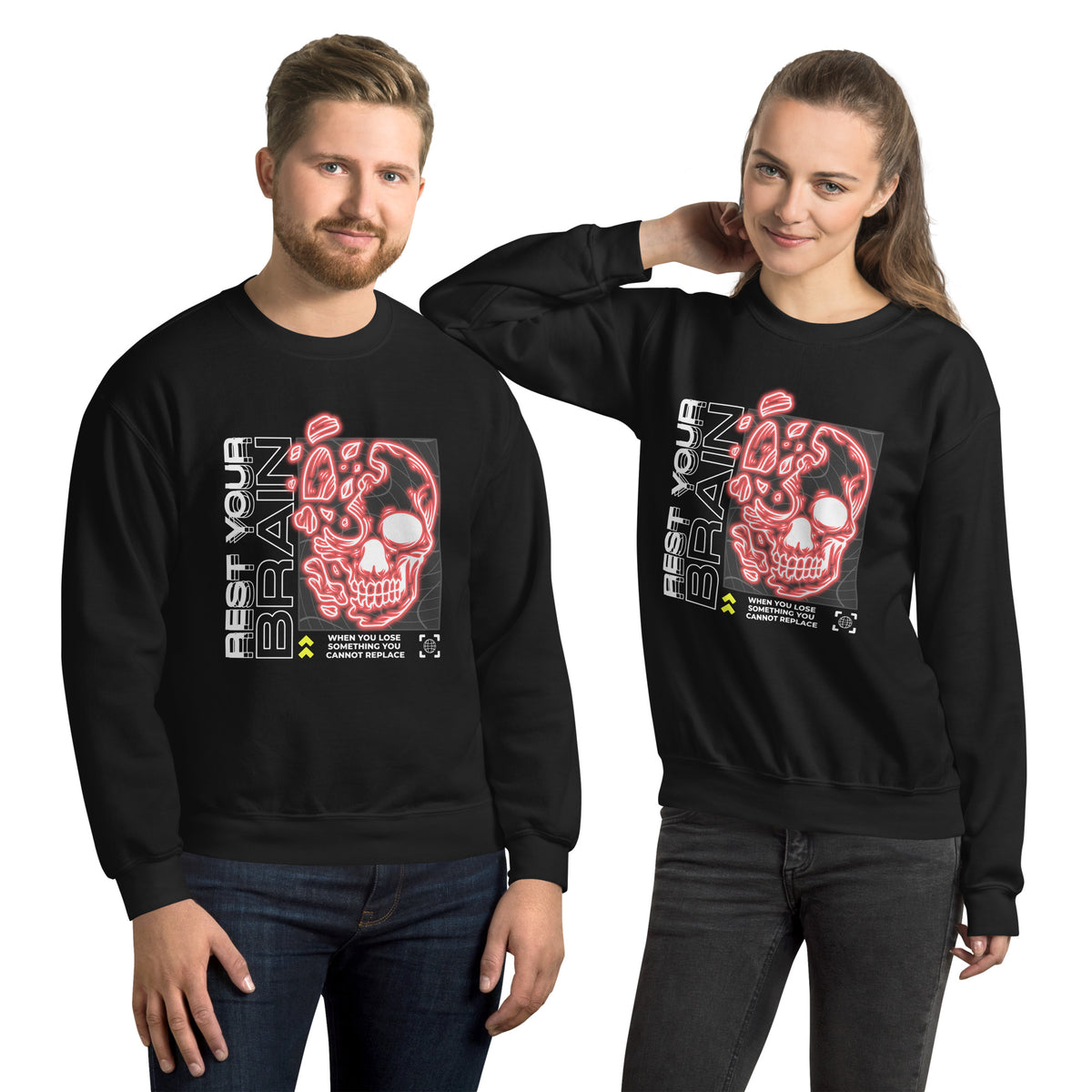 Make a statement in the Trendy Bold Rest Your Brain Neon Skull Crewneck Sweatshirt—bold graphic flair, soft warmth, and streetwear appeal.