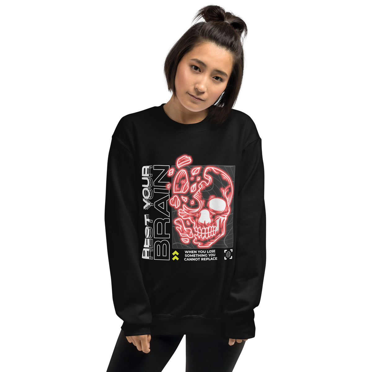 Shop Unique Trendy Bold Rest Your Brain Neon Skull Crewneck Sweatshirt, featuring vivid neon style and cozy comfort for standout everyday wear.