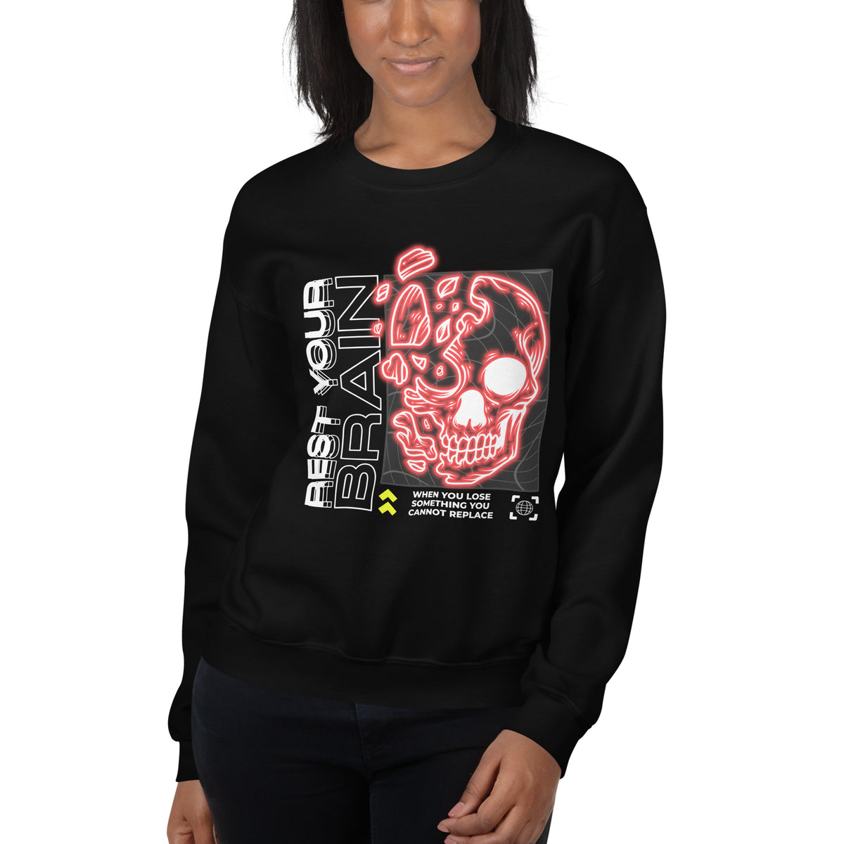 Shop Online Stylish Bold Rest Your Brain Neon Skull Crewneck Sweatshirt for standout neon skull style, soft warmth, and easy casual layering.