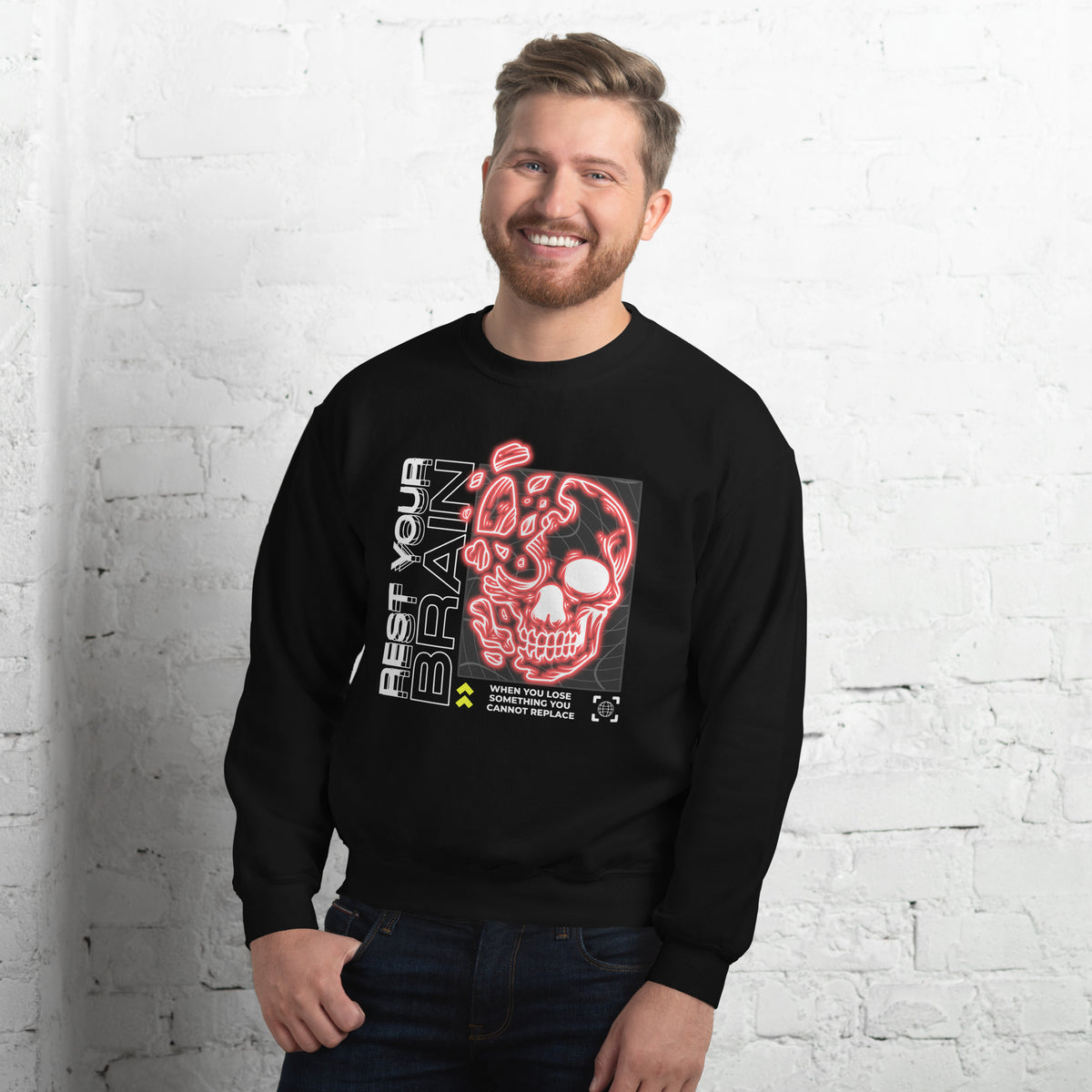 Make a statement in the Stylish Bold Rest Your Brain Neon Skull Crewneck Sweatshirt, featuring vivid graphic style and cozy everyday comfort.