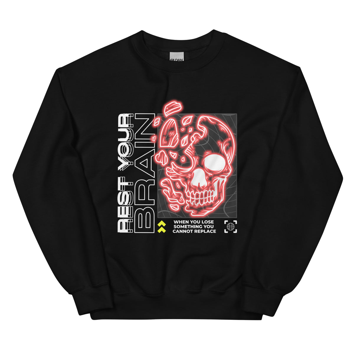 Make a bold impression in the Bold Rest Your Brain Neon Skull Crewneck Sweatshirt, blending soft comfort with eye-catching streetwear style.