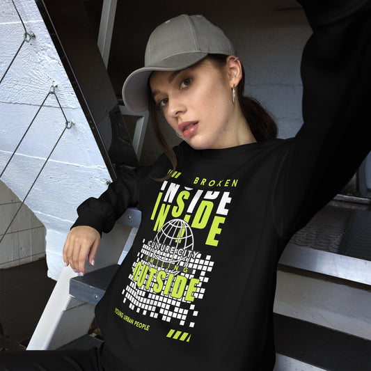 The Broken Inside Lettering Typography Sweatshirt blends comfort with a bold statement. Featuring unique, distressed lettering, it captures an edgy aesthetic that resonates with the modern trend. Made from soft, durable fabric, this sweatshirt is perfect for layering or wearing on its own. Ideal for expressing individuality, it’s a must-have for those who embrace their inner complexity with style.