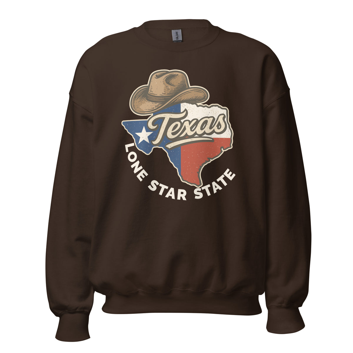 A dark brown crewneck sweatshirt featuring a graphic of the state of Texas with a cowboy hat and the words 'Texas' and 'LONE STAR STATE' on the front.