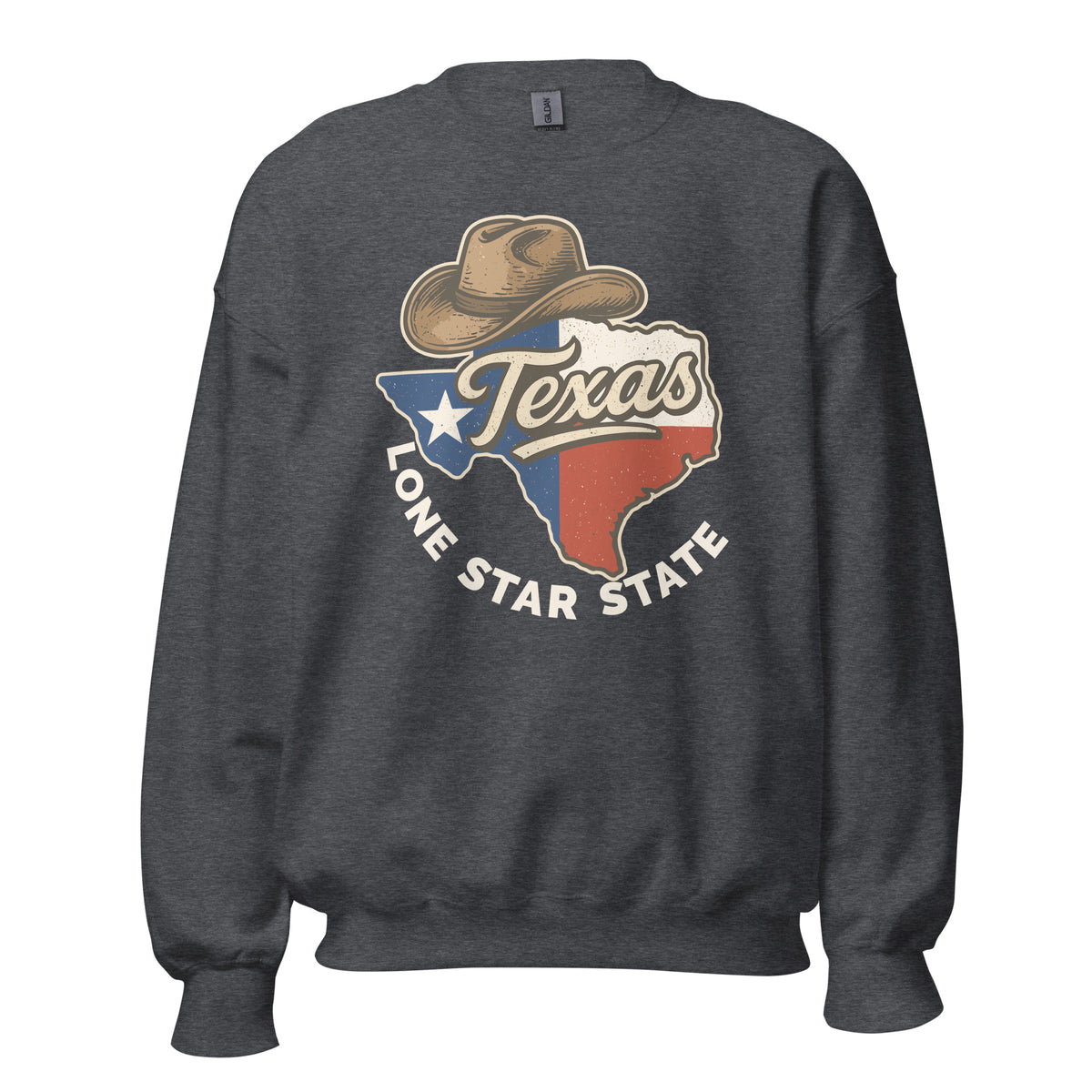 A dark heather gray crewneck sweatshirt featuring a graphic print of the state of Texas with a cowboy hat and the words 'Texas' and 'Lone Star State' on the front.
