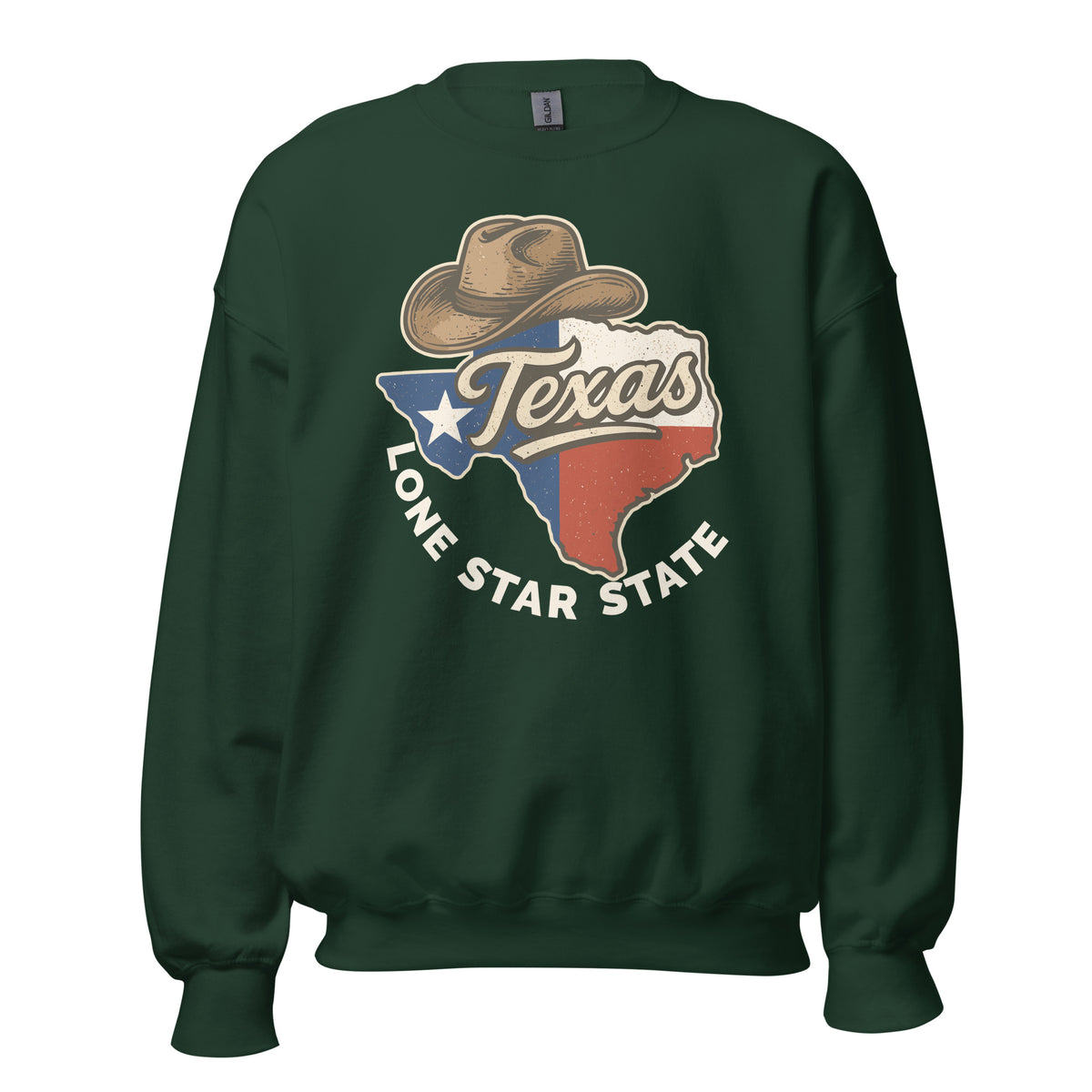 A dark green crewneck sweatshirt featuring a vintage-style graphic of the state of Texas with a cowboy hat and the words 'Texas' and 'Lone Star State' on the front.