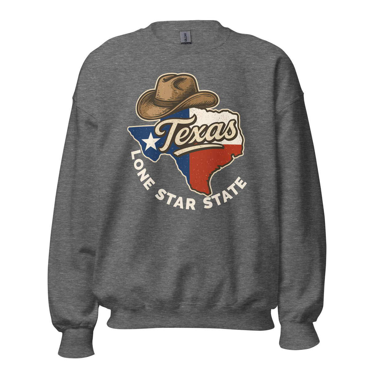 A heather gray crewneck sweatshirt featuring a distressed graphic of the state of Texas filled with the Texas flag, topped with a cowboy hat and surrounded by the text 'Texas' and 'LONE STAR STATE'.