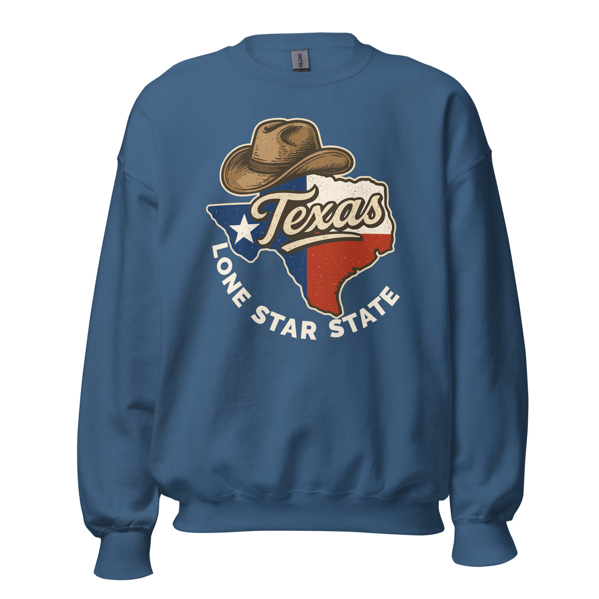 A blue crewneck sweatshirt featuring a distressed graphic of the state of Texas with a cowboy hat, a white star, and the words 'Texas' and 'LONE STAR STATE' on the front.
