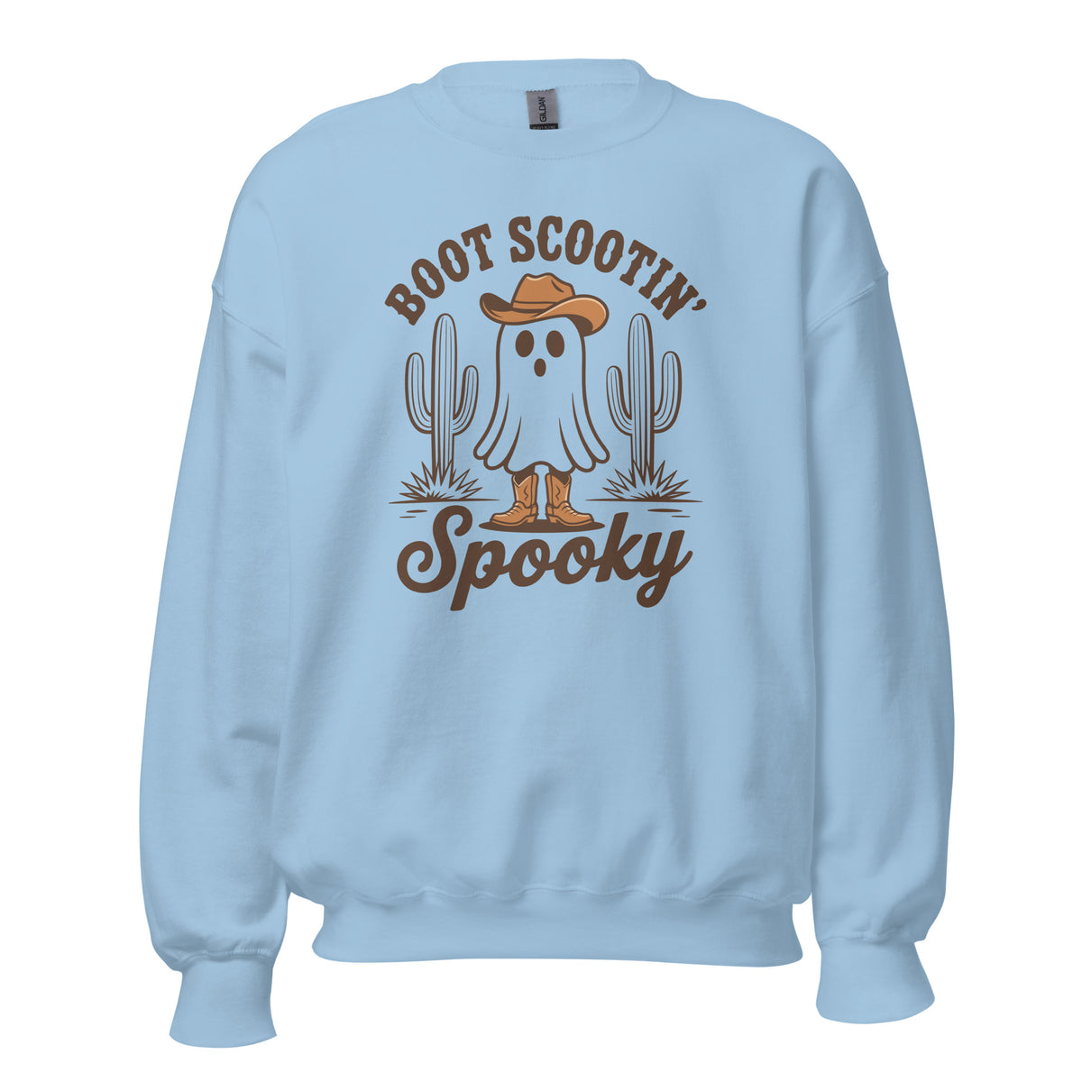 A light blue crewneck sweatshirt featuring a 'Boot Scootin' Spooky' graphic on the front with a cartoon ghost in a cowboy hat, boots, and cacti.