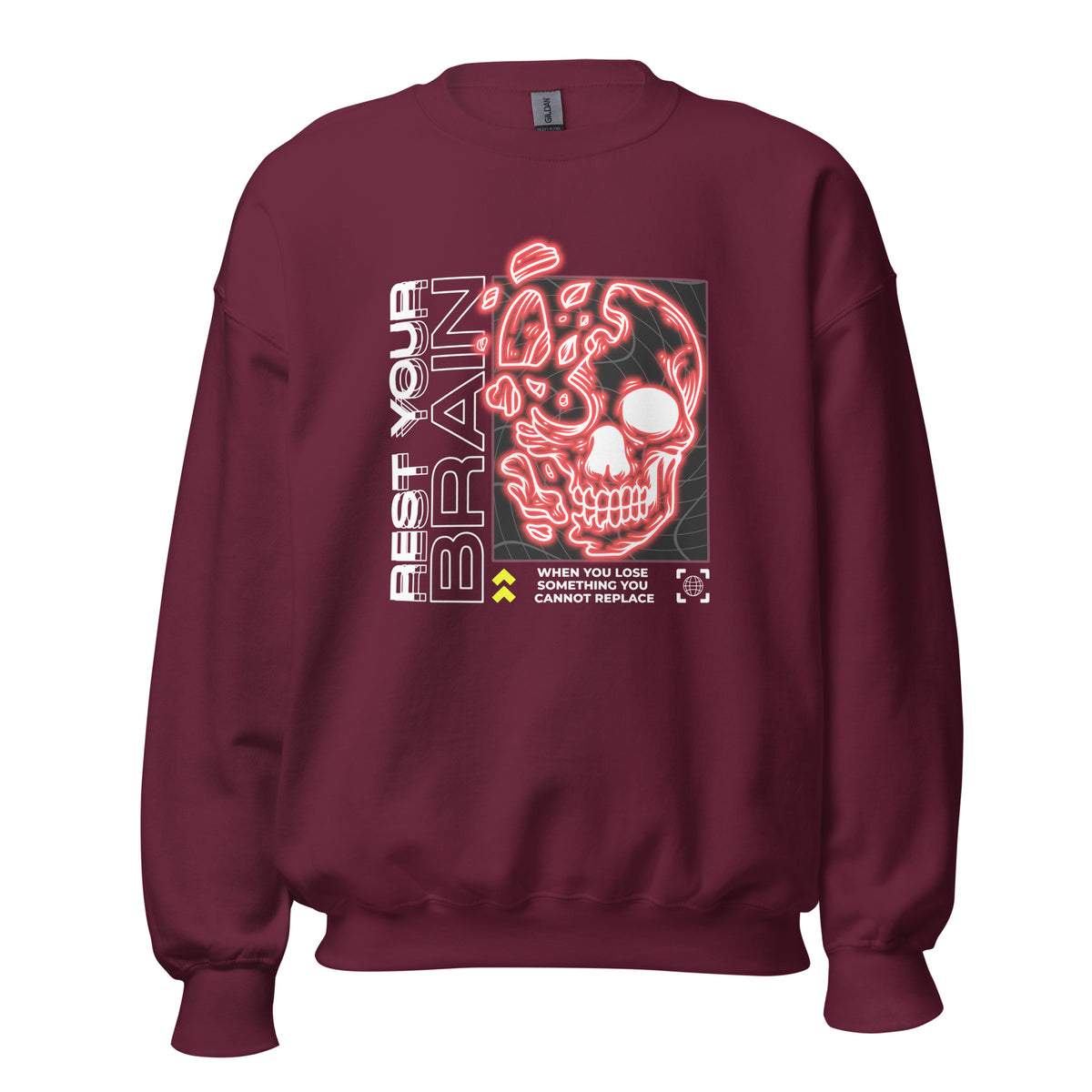 Buy unique Bold Rest Your Brain Neon Skull Crewneck Sweatshirt with vibrant neon skull artwork for an edgy everyday wardrobe.