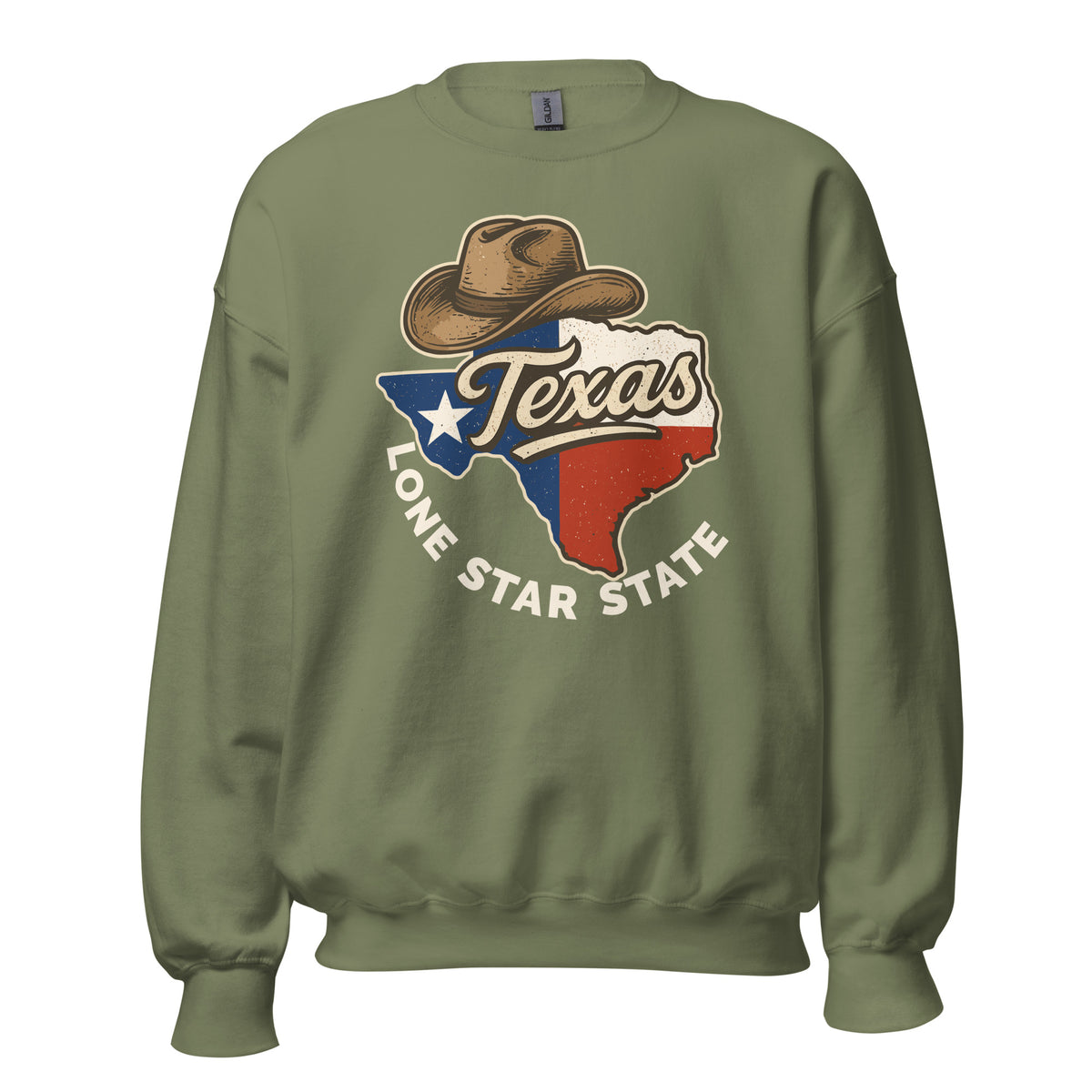 An olive green crewneck sweatshirt featuring a graphic print of a cowboy hat and the state of Texas with the text 'Texas' and 'Lone Star State' on the front.