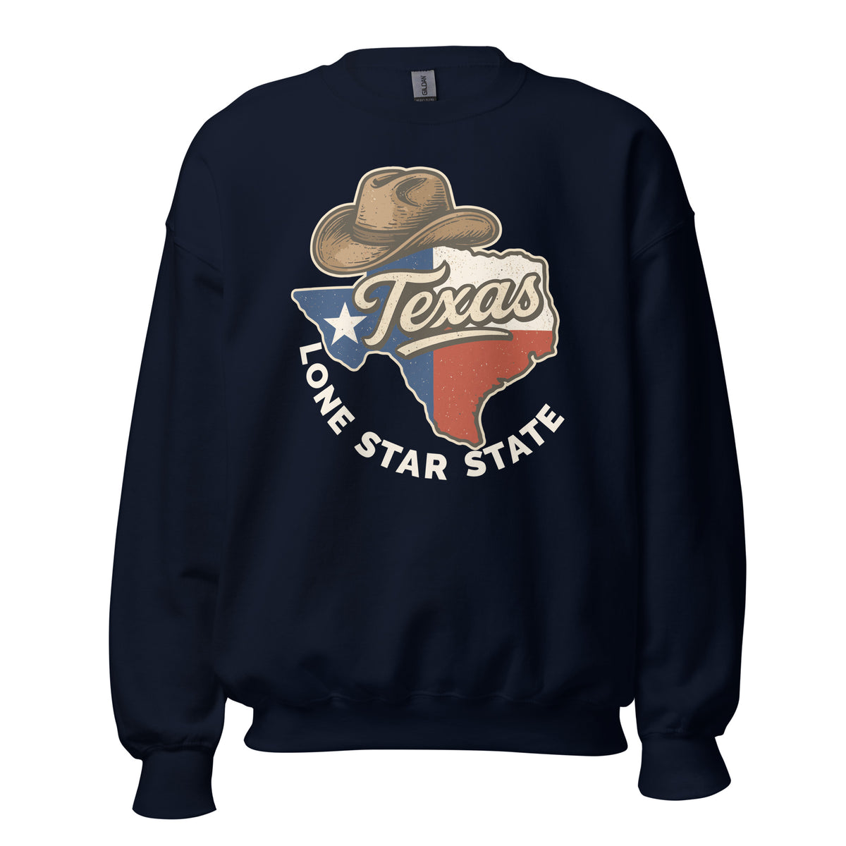 A navy blue crewneck sweatshirt featuring a vintage-style graphic of the state of Texas with a cowboy hat and the words 'Texas' and 'Lone Star State' on the front.