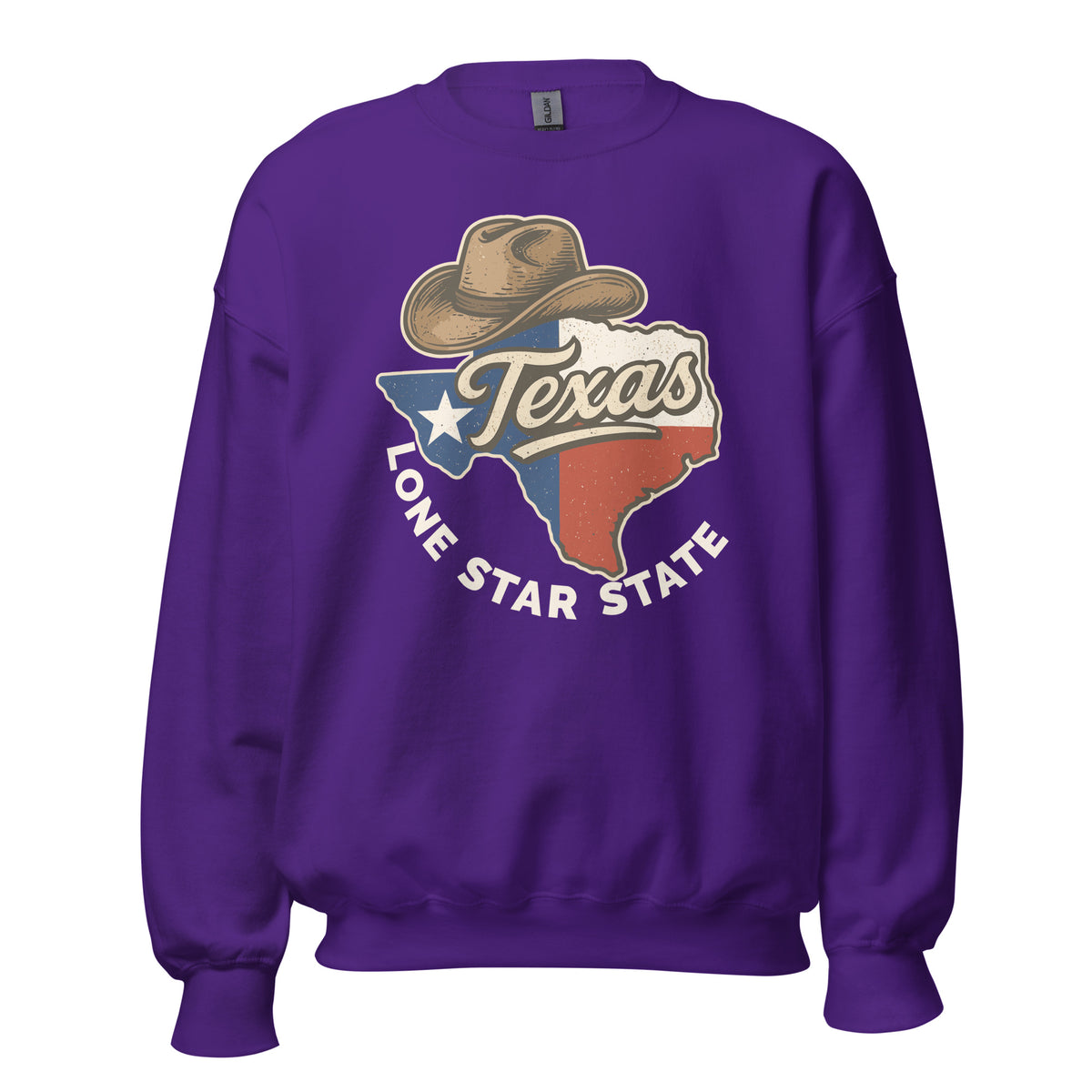 A purple crewneck sweatshirt featuring a graphic of the state of Texas with a cowboy hat and the words 'Texas' and 'LONE STAR STATE' on the front.