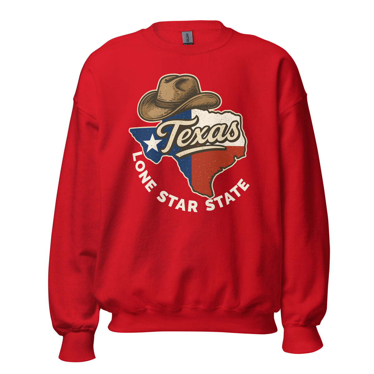 A red crewneck sweatshirt featuring a vintage-style graphic of the state of Texas with a cowboy hat and the words 'Texas' and 'Lone Star State' on the front.