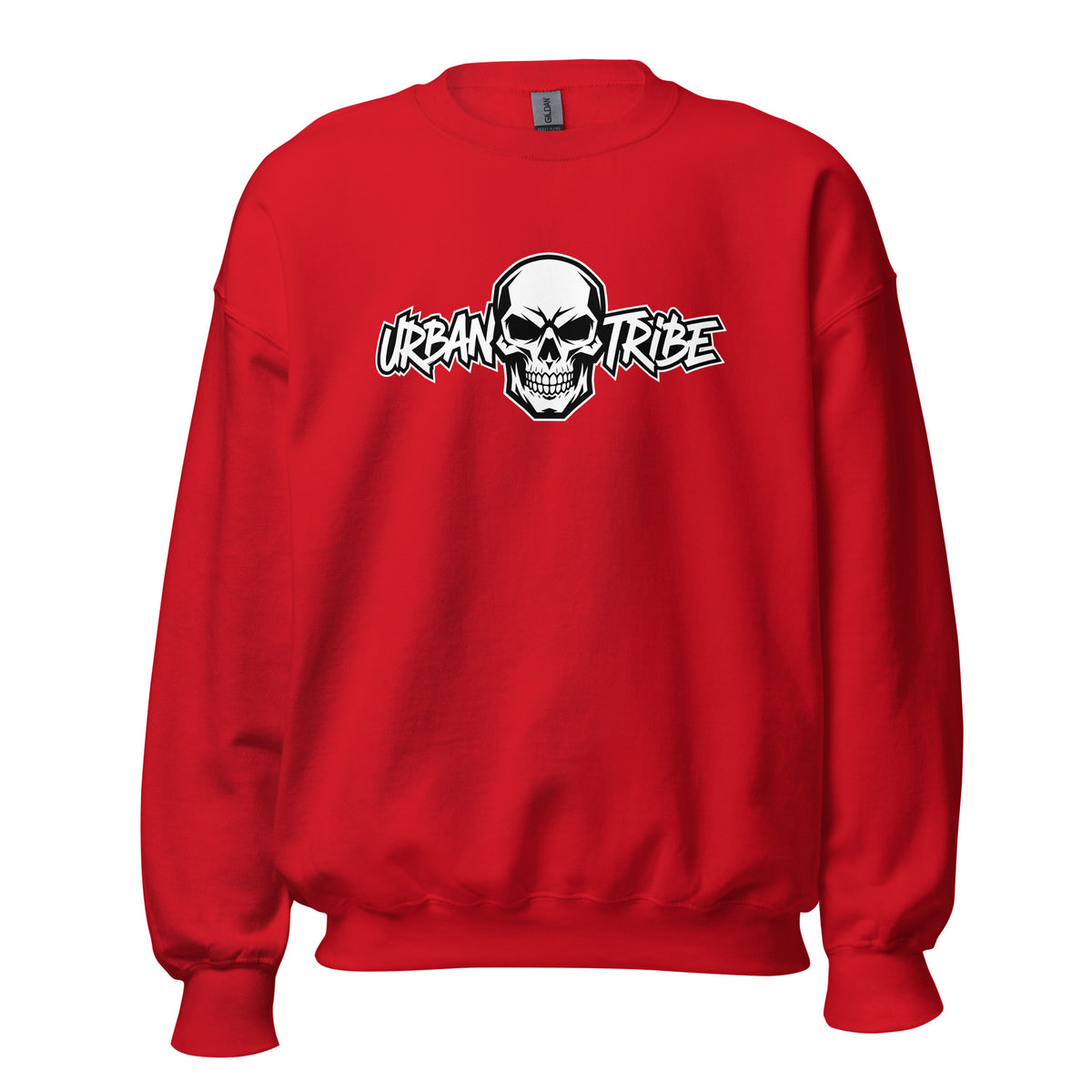 A red crewneck sweatshirt featuring a white and black graphic of a skull wearing headphones with the text 'URBAN TRIBE' across the chest, displayed on a solid white background.