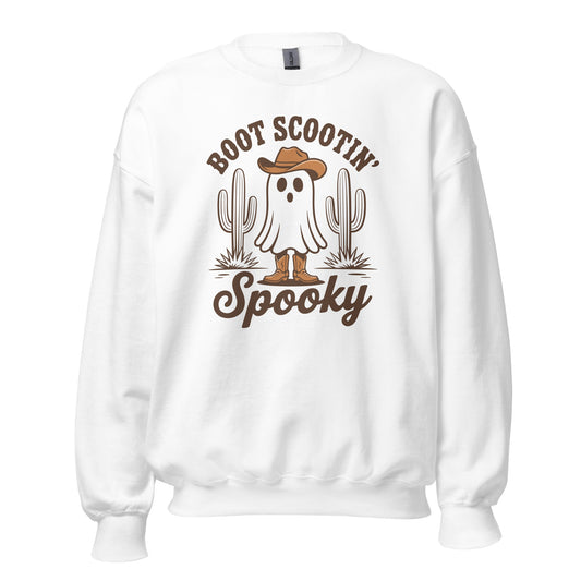 Shop Best Boot Scootin’ Spooky Western Halloween Sweatshirt Festive Wear for a playful western twist on cozy fall fashion, perfect for spooky season.