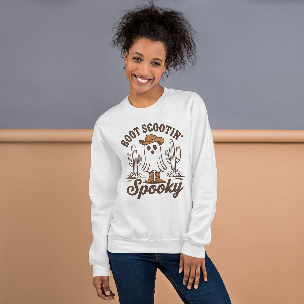Shop Best Boot Scootin’ Spooky Western Halloween Sweatshirt Festive Wear for a playful western twist on cozy fall fashion, perfect for spooky season.