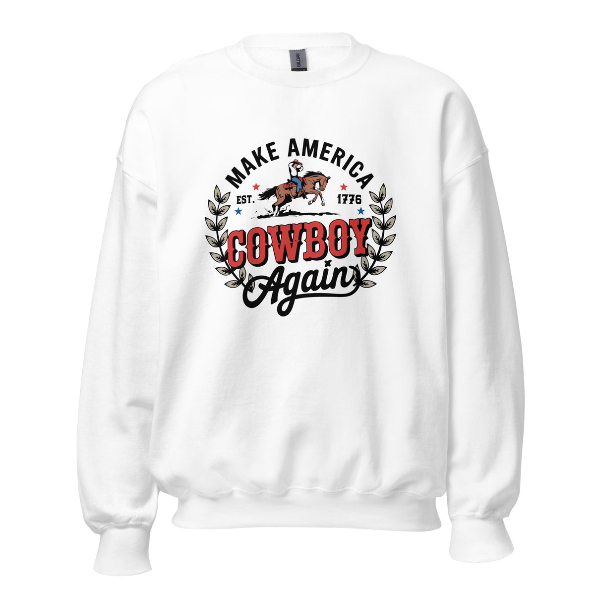 A white crewneck sweatshirt featuring a graphic print on the front with the text 'MAKE AMERICA COWBOY Again' in black and red, flanked by a cowboy riding a horse and leafy branches.