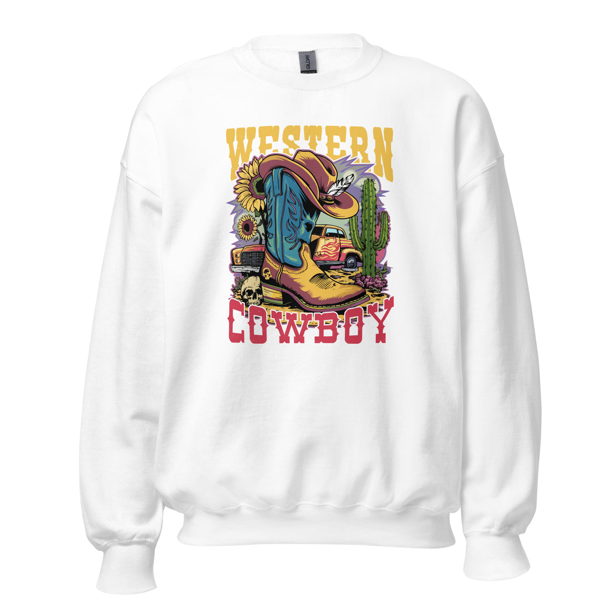 A white crewneck sweatshirt featuring a colorful 'Western Cowboy' graphic print on the front, displayed against a solid white background.