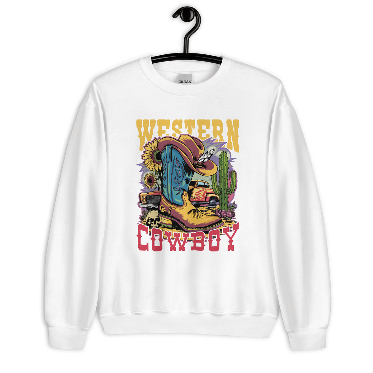 A white crewneck sweatshirt hanging on a black hanger, featuring a colorful 'Western Cowboy' graphic print on the front with a cowboy boot, hat, cactus, and sunflower.